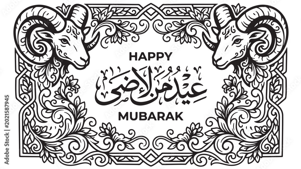Obraz premium Ram heads floral ornament with Arabic calligraphy frame for Eid Mubarak greeting card celebration design