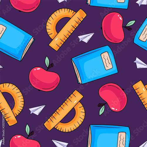 Seamless school pattern with book, apple, ruler and paper plane illustration. colorful education background for textile, packaging, classroom and back to school design