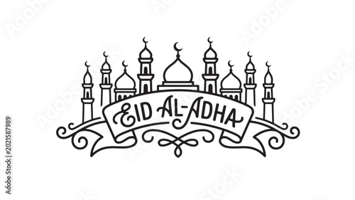 Bild auf Leinwand Eid Al-Adha illustration with mosque and minarets in black and white featuring I