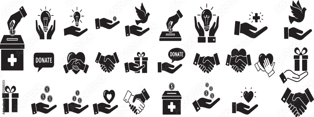 Obraz premium Black and white vector icons depicting various charitable giving concepts and donation symbols on white background