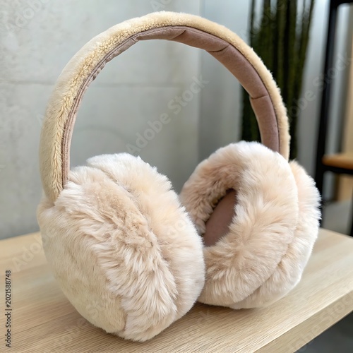 Fluffy Beige Earmuffs on Wooden Surface stock