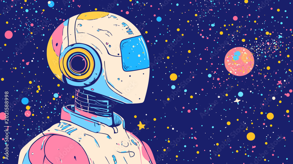 Fototapeta premium Futuristic astronaut in colorful space, stars, planets background