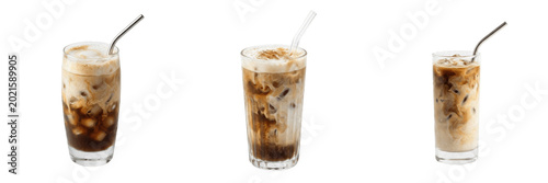Foto Set and collection of glass cup of iced coffee with straw isolated on white back