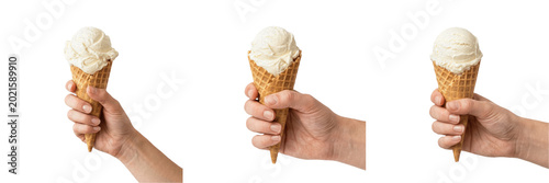 Obraz na plátně Set and collection of hand holding a waffle ice cream cone isolated on white bac