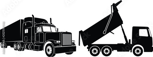 Tableau sur toile Black silhouette vector illustration of a heavy semi trailer truck and a hydraul