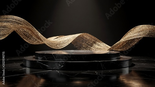 Gold wavy metallic sculpture on black marble podium with spotlight