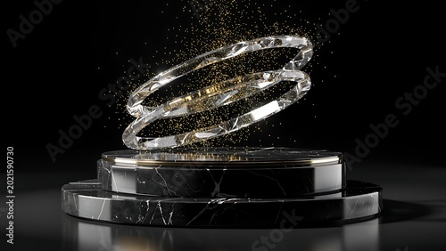 Glowing crystal rings on black marble pedestal with gold accents