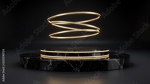 Elegant gold spiral light sculpture on black marble base