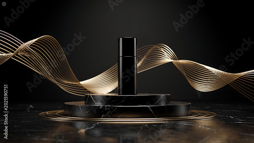Black perfume bottle on marble podium with gold wavy design
