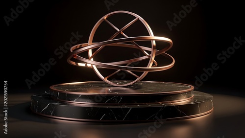 copper sculpture on black marble podium with golden rings
