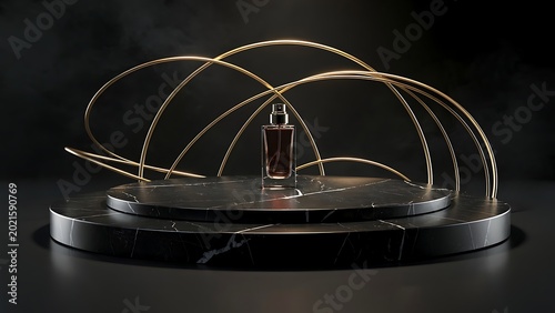 gold wire sculpture with perfume bottle on black marble platform