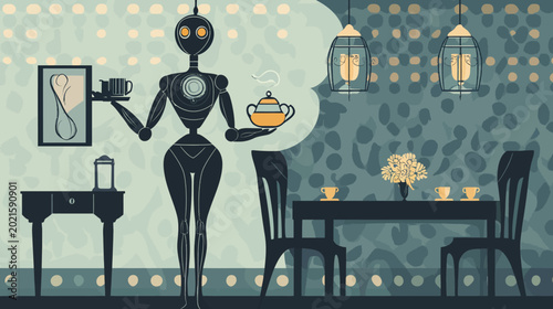 Stylish robotic figure holding teacup in cozy dining room