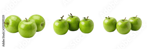 Foto Set and collection of three whole green apples isolated on white background