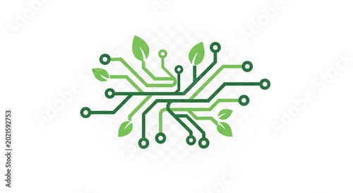 Digital circuit board illustration with green leaves for sustainable technology