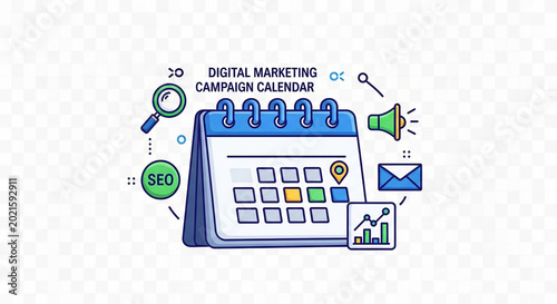 Digital marketing campaign calendar with various icons for business growth planning