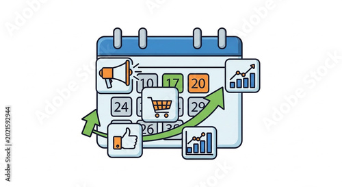 Business marketing calendar showing growth and sales targets for monthly planning