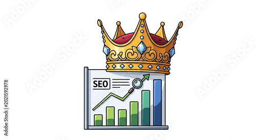 Royal golden crown resting on a successful search engine optimization chart