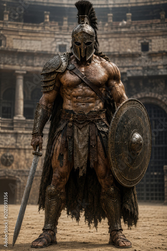 Ancient gladiator warrior standing in amphitheater with shield and sword