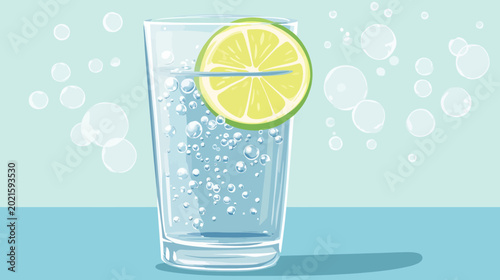 Refreshing sparkling water with lemon slice and bubbles