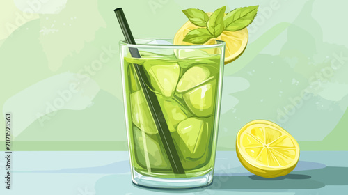 Refreshing green citrus drink with ice, lemon slice, and mint