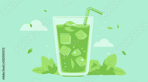 Illustration of a tall glass filled with green iced beverage, straw, green ice cubes, mint slices, surrounded by mint leaves, with a light green background, clouds, and floating leaves