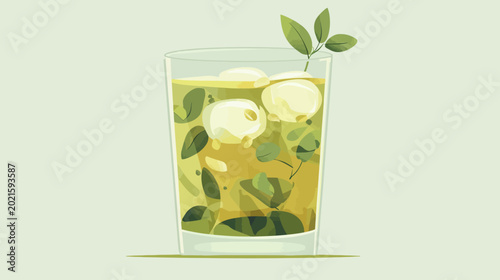 Illustrative glass of herbal-infused cold beverage with leaves