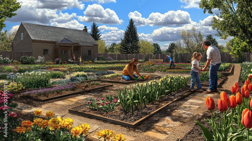 Fototapeta premium People garden in vibrant flower beds under sunny sky