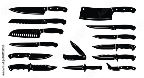 Canvastavla Collection of various kitchen and pocket knives in black silhouette