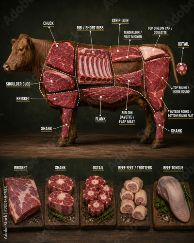 American beef cuts butcher chart infographic with labeled cow diagram