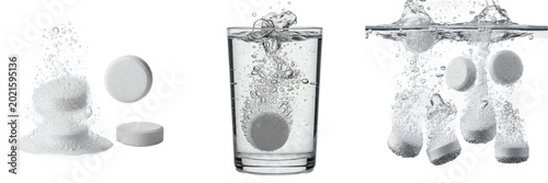 Fotografie Isolated Effervescent Tablet Dissolving in Glass of Water Set Sparkling Bubbles