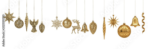 Isolated Golden Christmas Hanging Elements Set Festive Reindeer, Snowflakes, and Bells Holiday Garlands High Quality Decorative Graphic PNG Asset