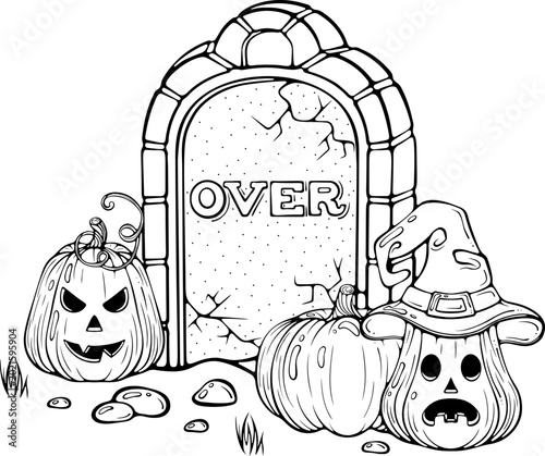 Halloween composition with cracked gravestone and Jack o lantern pumpkins. For scary decor, coloring book. Vector illustration in hand drawn doodle sketch style. Line art isolated on white for print