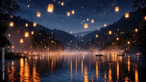 Bright lanterns rise into the night sky above the river while boats glide across the water. The event takes place in the mountains at dusk.