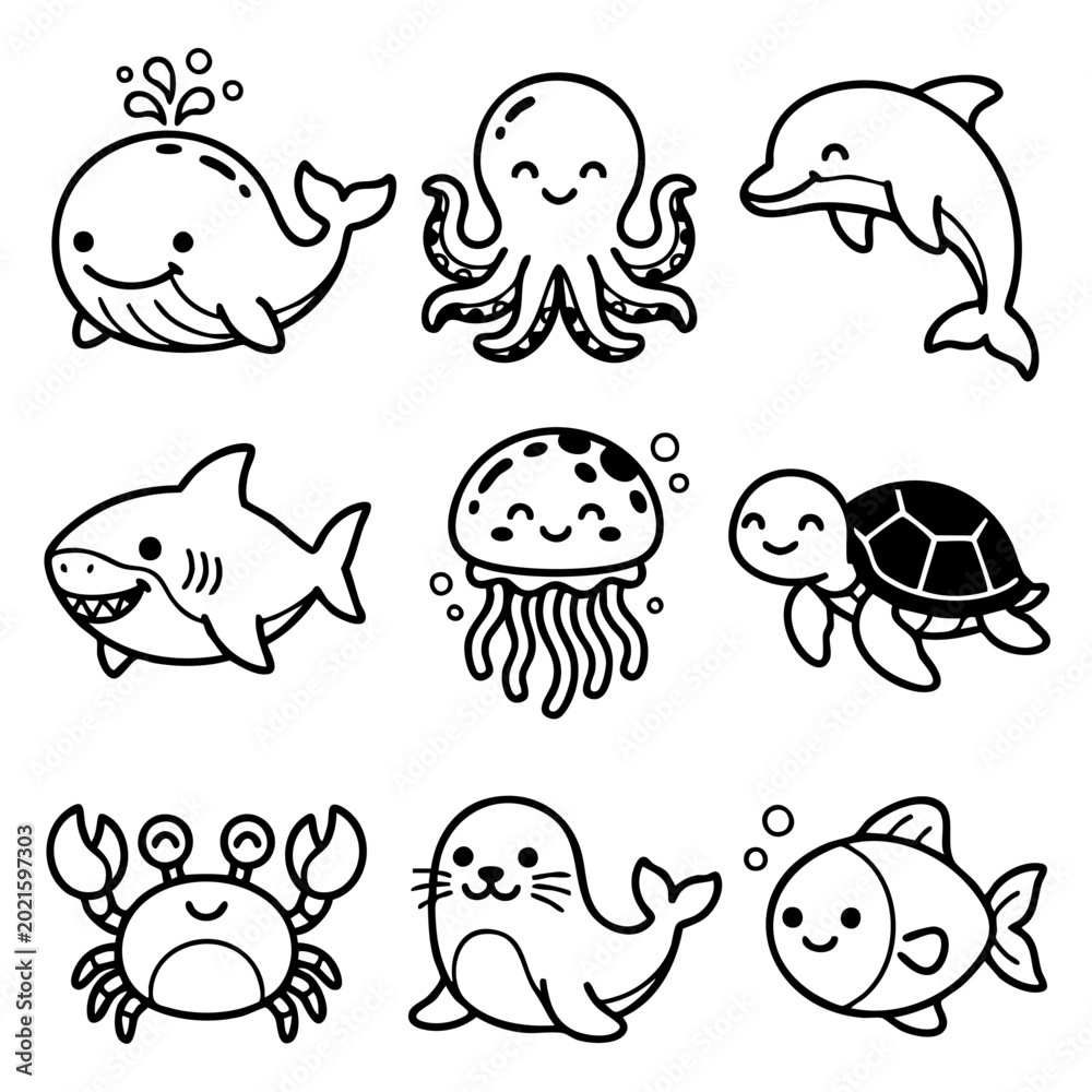 Obraz premium Cute Sea Animals Doodle Icons Set