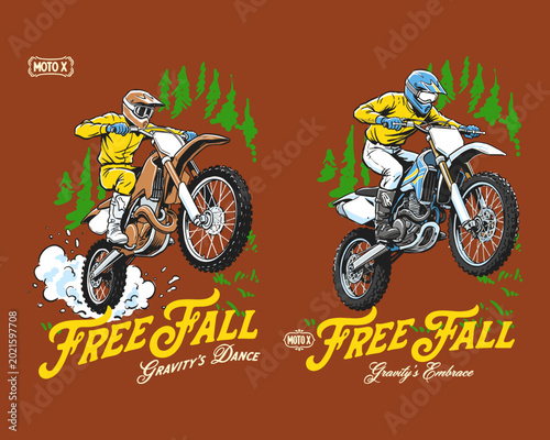 Fotografija Motocross illustration dirt bike racing, free fall gravity's dance, vintage moto