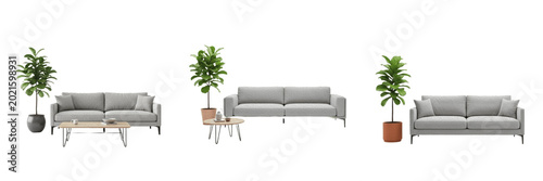 Billede på lærred Modern Living Room Furniture Set with Grey Fabric Sofa and Potted Green Plant fo