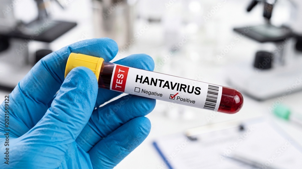 Fototapeta premium Hand holding a test tube labeled 'Hantavirus' in a laboratory setting