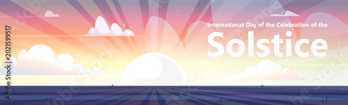 Картината върху платно Illustration of a sunrise or sunset over the horizon with rays of light