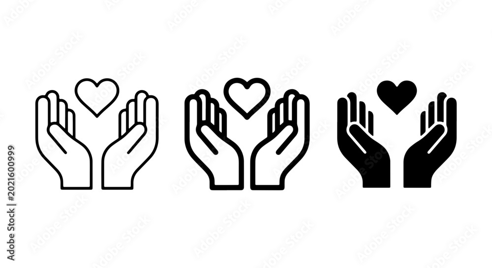 Fototapeta premium Set of Three Heart Hands Icons, Vector Graphics for Care, Love, and Support Concepts, Simple Outline and Silhouette Styles