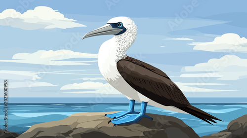 Illustrative seabird perched on rocks with ocean background
