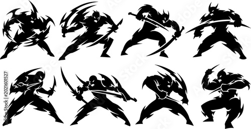 Photography Dynamic warrior silhouettes with swords in action poses vector illustration