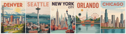 Vintage travel poster shows five major cities. Denver's mountains rise behind its skyline. Seattle's Space Needle towers over calm waters. New York's skyline holds the Statue of Liberty