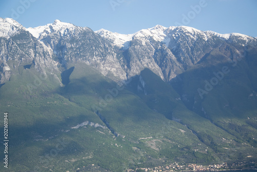 sea, cloud uns moutains, village, house