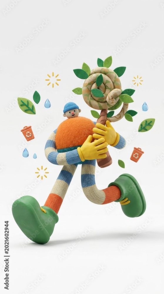 Fototapeta premium Playful character surrounded by greenery, celebrating nature with colorful elements and a whimsical vibe.