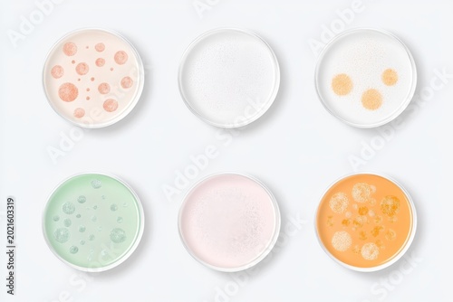 Abstract science concept with petri dishes showcasing microbial growth patterns in various colors for educational and research design
