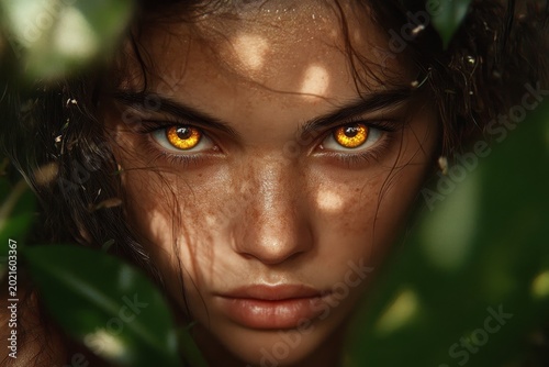Intense gaze of young caucasian female amidst lush foliage