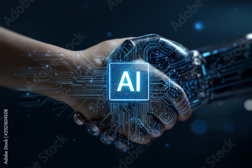 Handshake between a human hand and a robotic hand from a close up perspective with glowing blue lines resembling electronic circuits.