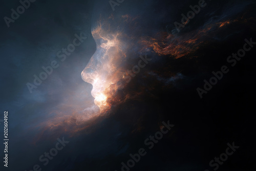 Swirling firestorm forming a cosmic visage profile with ember highlights for dramatic poster background and art design