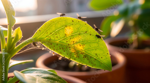 Tiny flies and spider mites infest a green leaf with webbing and spots