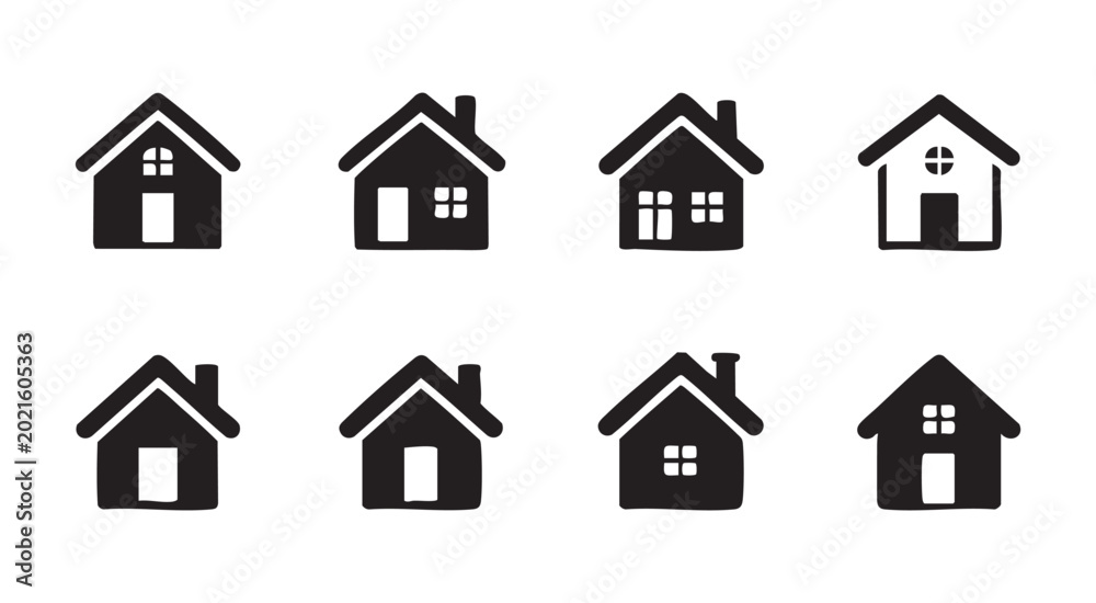 Fototapeta premium House icons with variations in window and door designs, simple and clean architectural shapes.